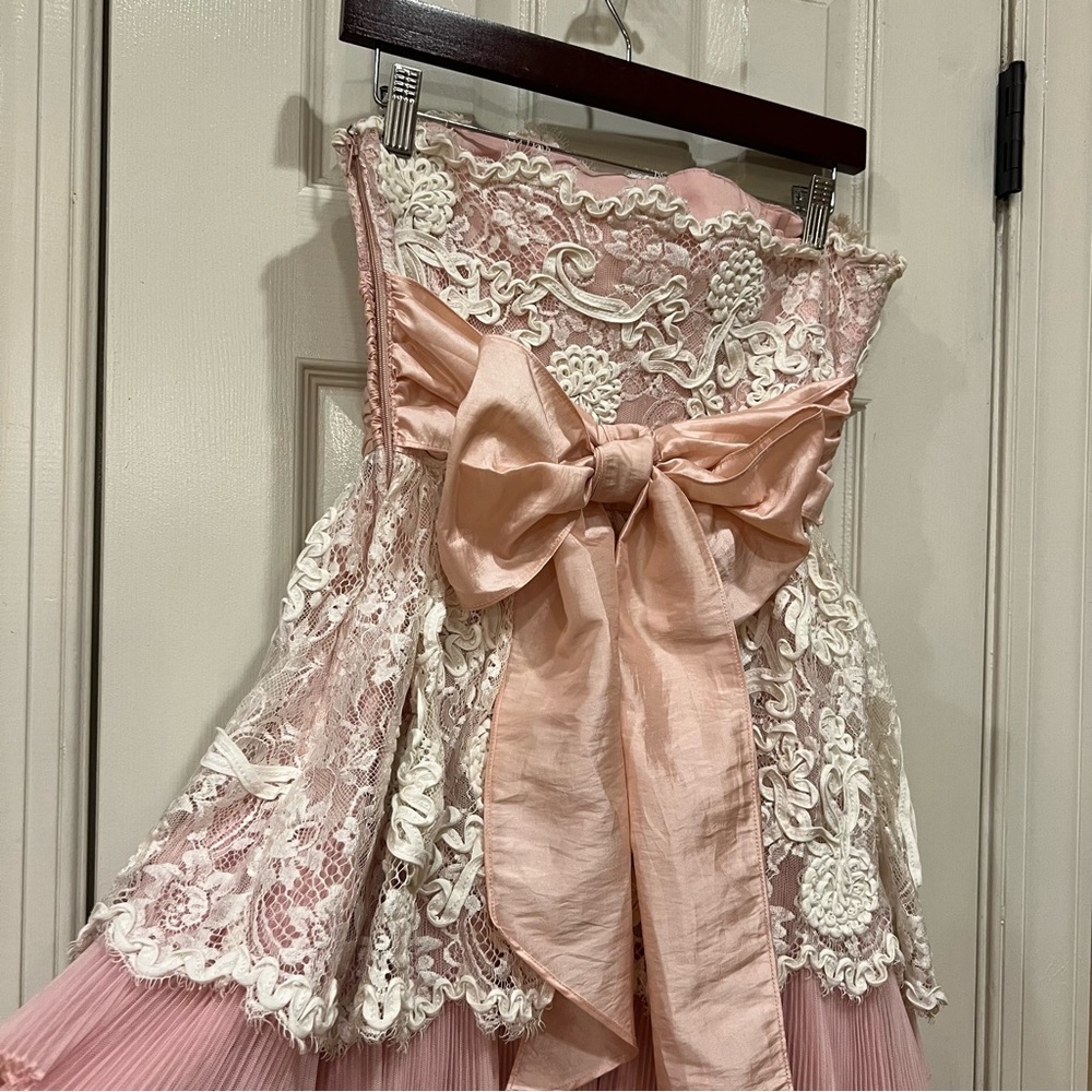 Vintage Betsey Johnson Lace Pink Strapless Mini Dress Lacey Tea Party Tulle Bow - Picture 10 of 14